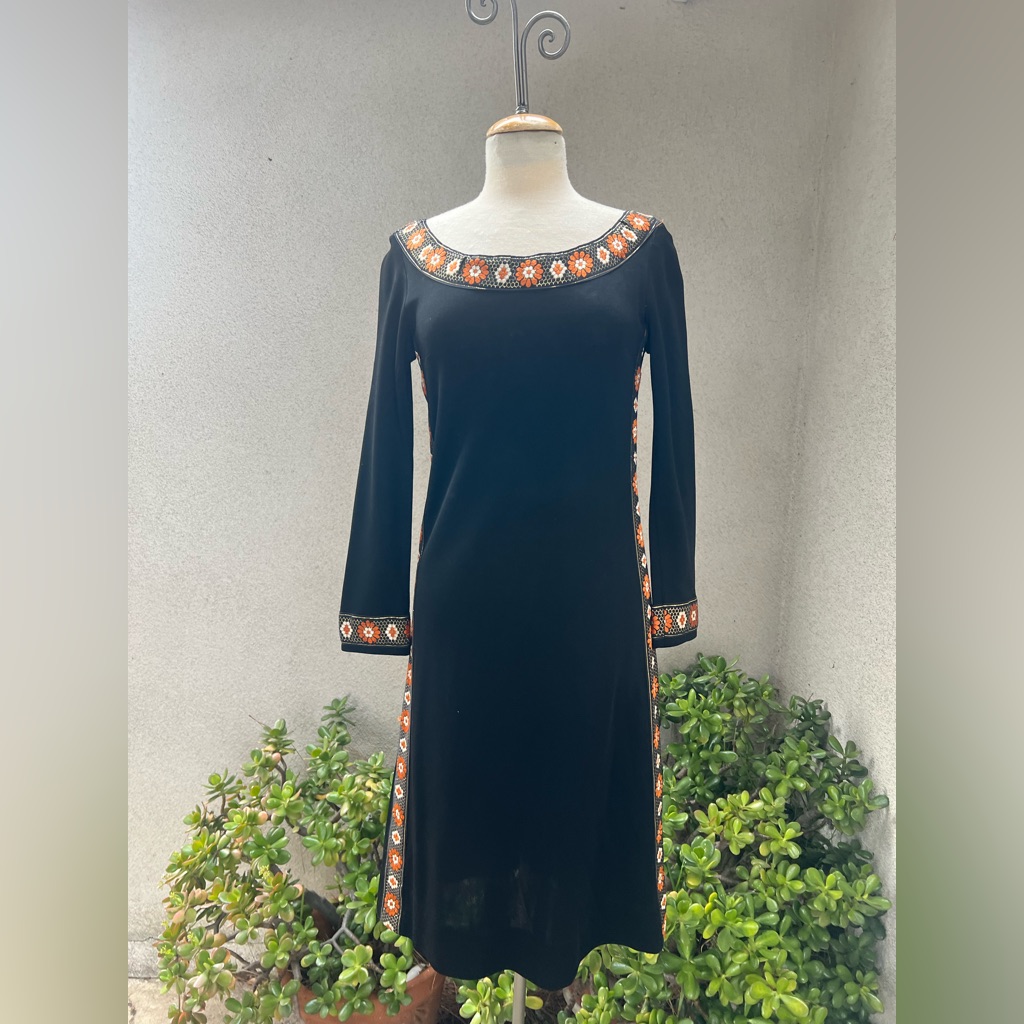 Vintage 70s Mod Knit Dress Black With Floral Trim Sz Small